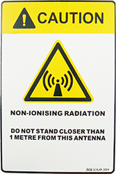 Transmission site large warning sign, zincalume steel “Do not stand closer…”, yellow – 300mm x 200mm